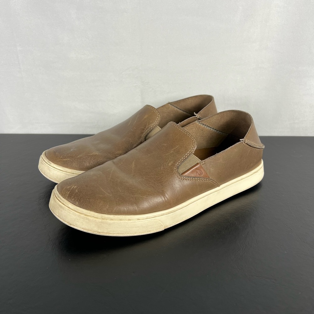 OluKai Pehuea Leather Slip On Fold Back Brown Mens Shoes Size 9.5